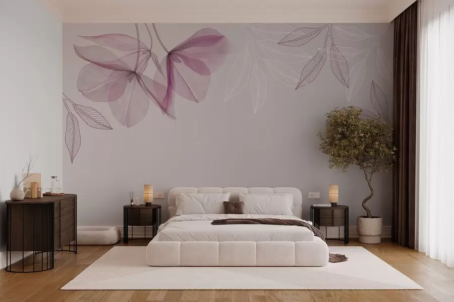 murales delicadas flores y hojas translúcidas en tonos morados w03616v4