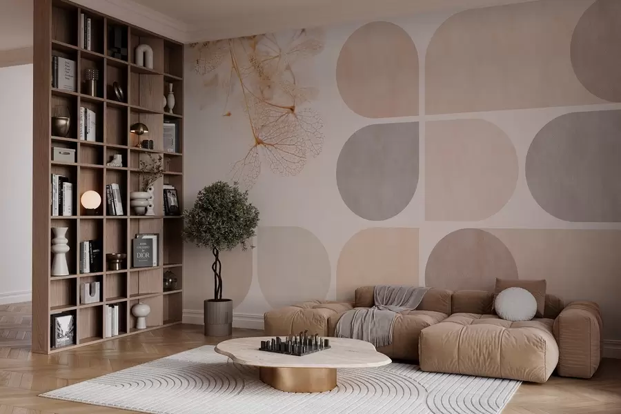 murales geometría y flores secas con vetas en tonos beige w03617