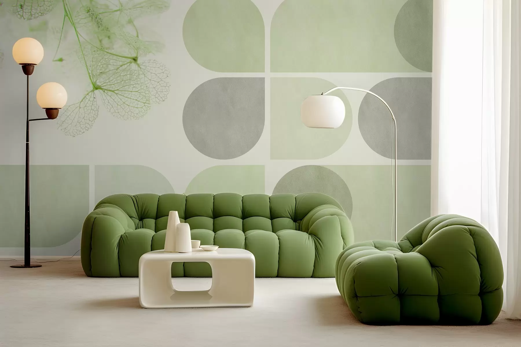 wall murals geometry and dried flowers with veins in green tones w03617v1