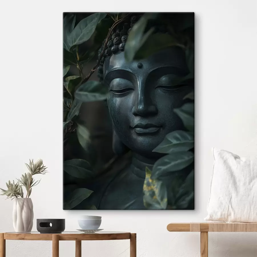 wall murals Green Buddha in tropical leaves, realism s44005