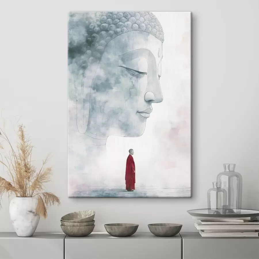 wall murals Buddhist monk in red robe, Buddha silhouette, watercolor style s44006