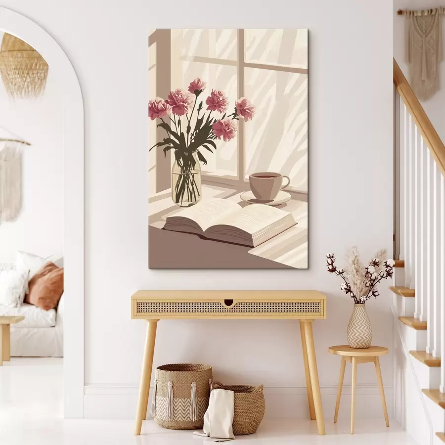 murales Estética matinal, taza de café, libro, flores de clavel s44012