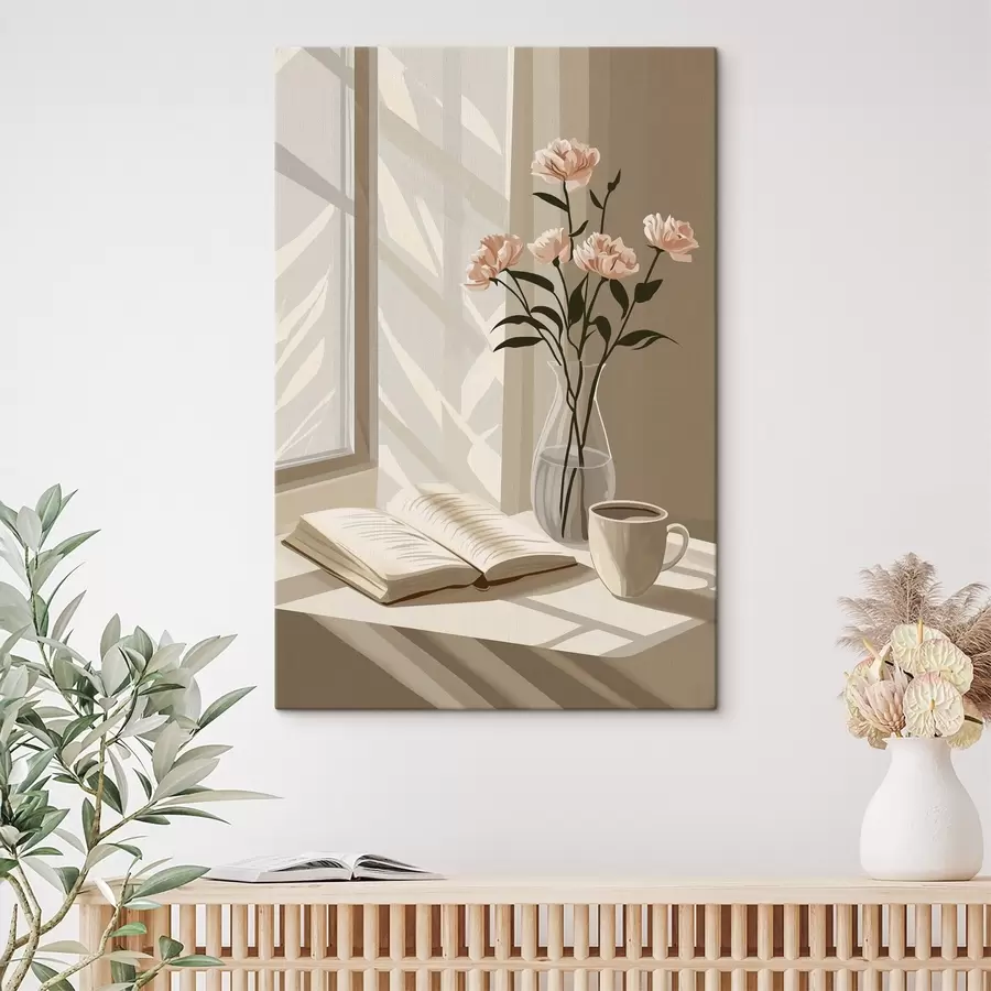 murales Mañana acogedora con café y libro, flores rosas, abstracción s44013