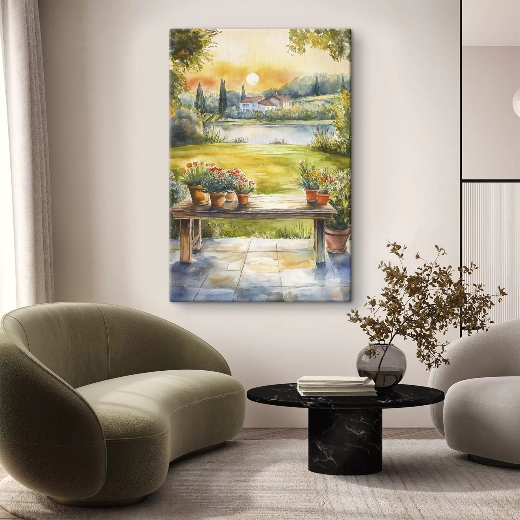 wall murals Village on the sunset, rustic, summer flowers, lake, watercolor style s44016