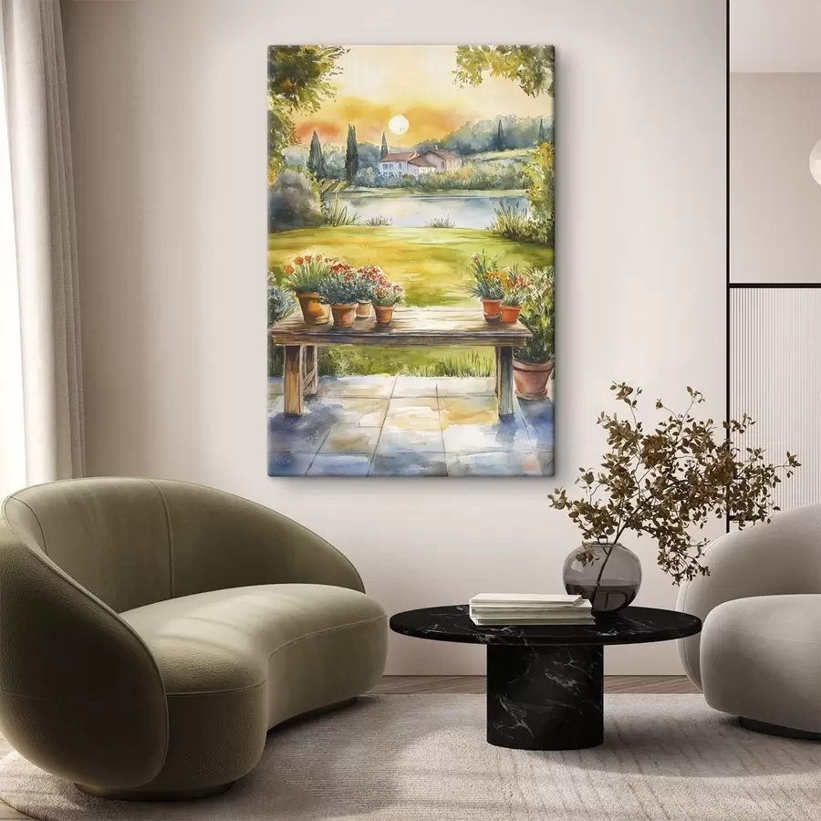 murales Pueblo en la puesta de sol, rústico, flores de verano, lago, estilo acuarela s44016