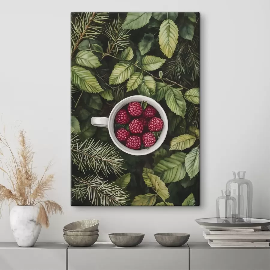 wall murals Cup of raspberries in the green forest, nature, watercolor style s44021