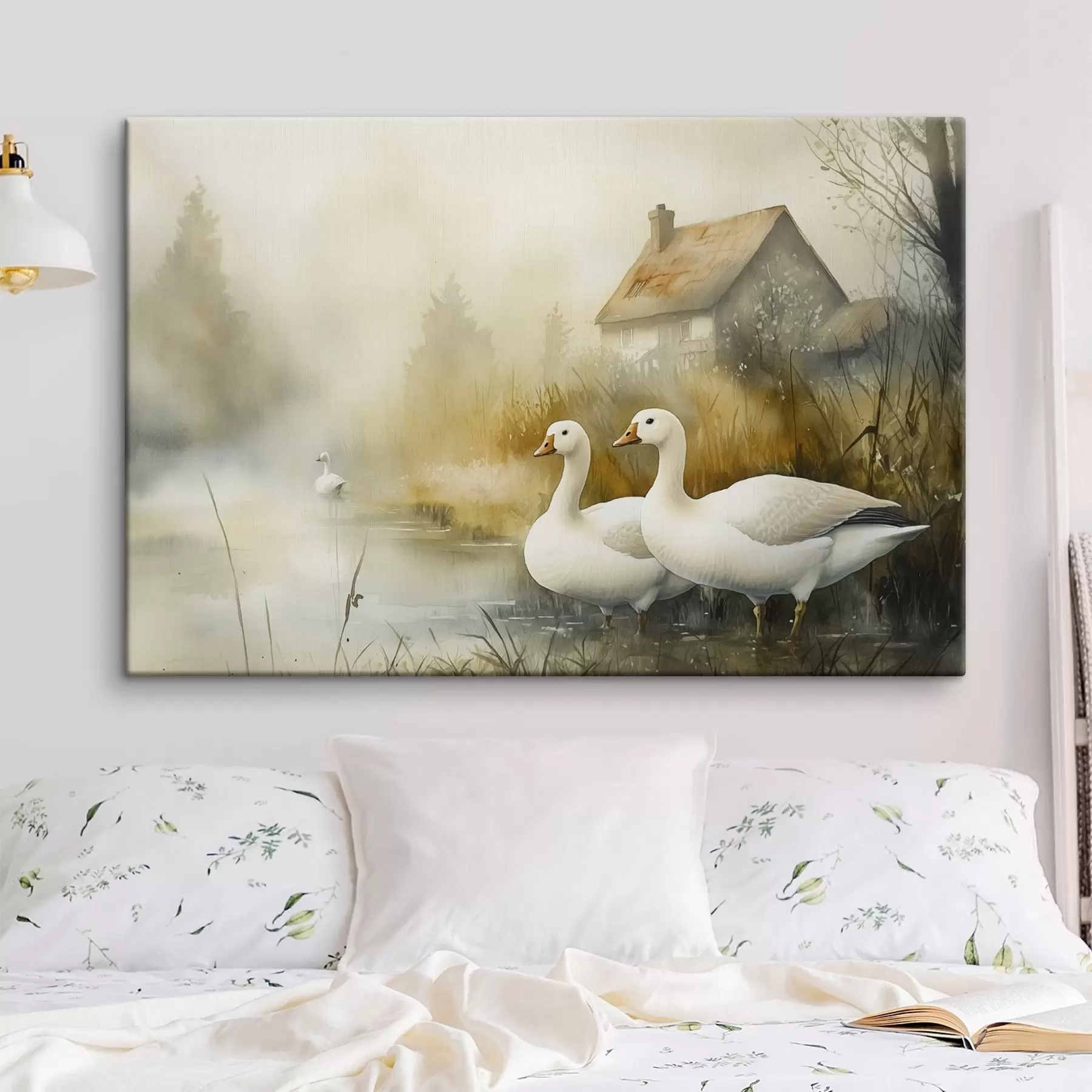 wall murals Geese in the lake near farmhouse, rustic, watercolor style s44022