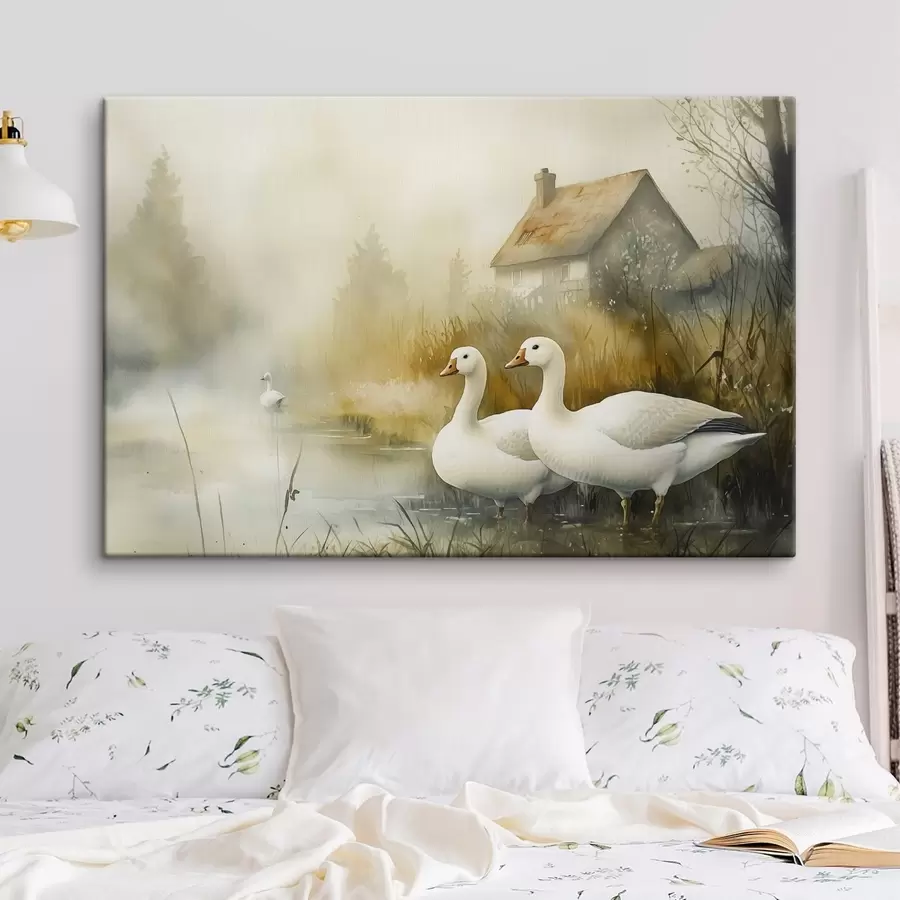 murales Gansos en el lago cerca de granja, estilo rústico, acuarela s44022