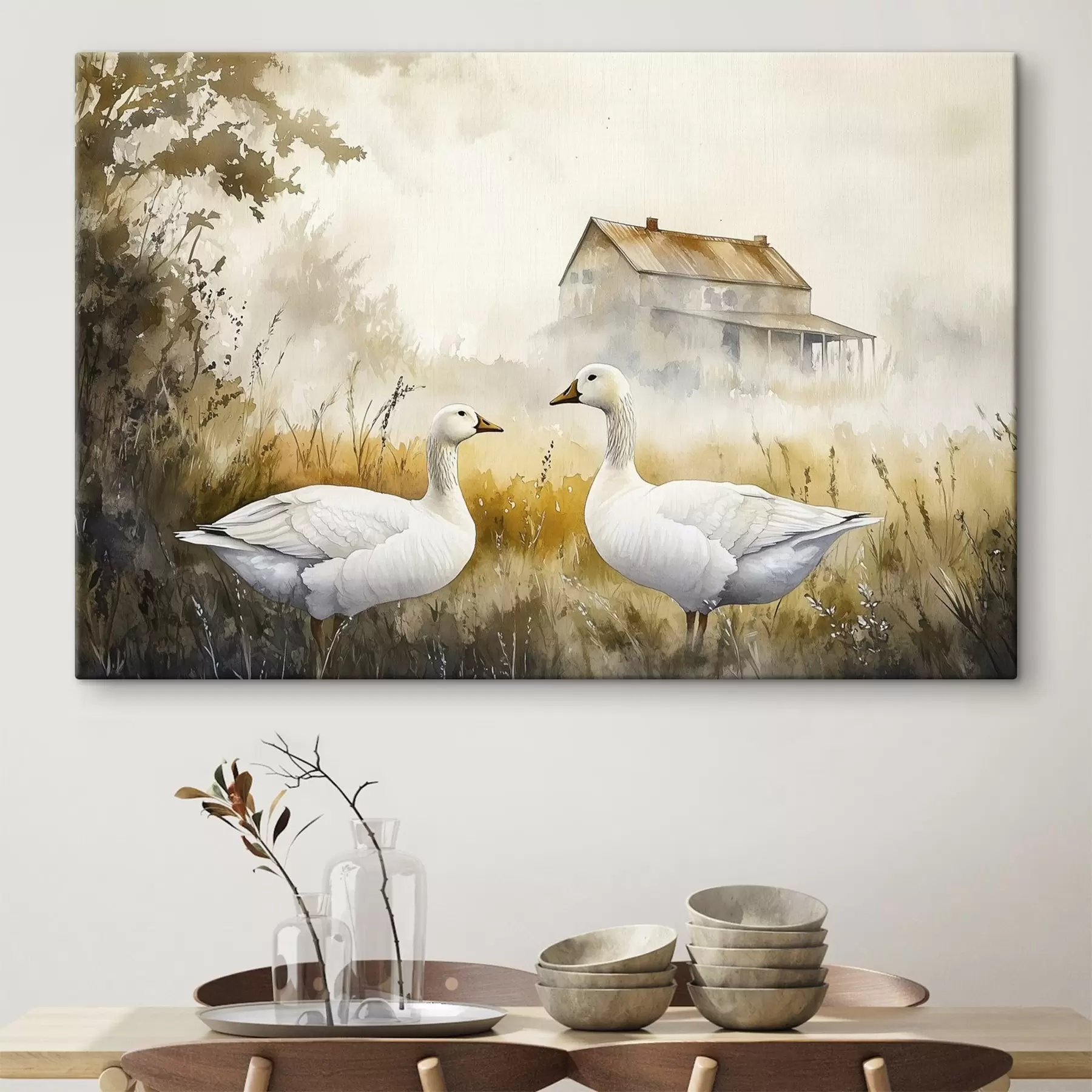 wall murals Watercolor style geese in the field, village, rustic  s44024