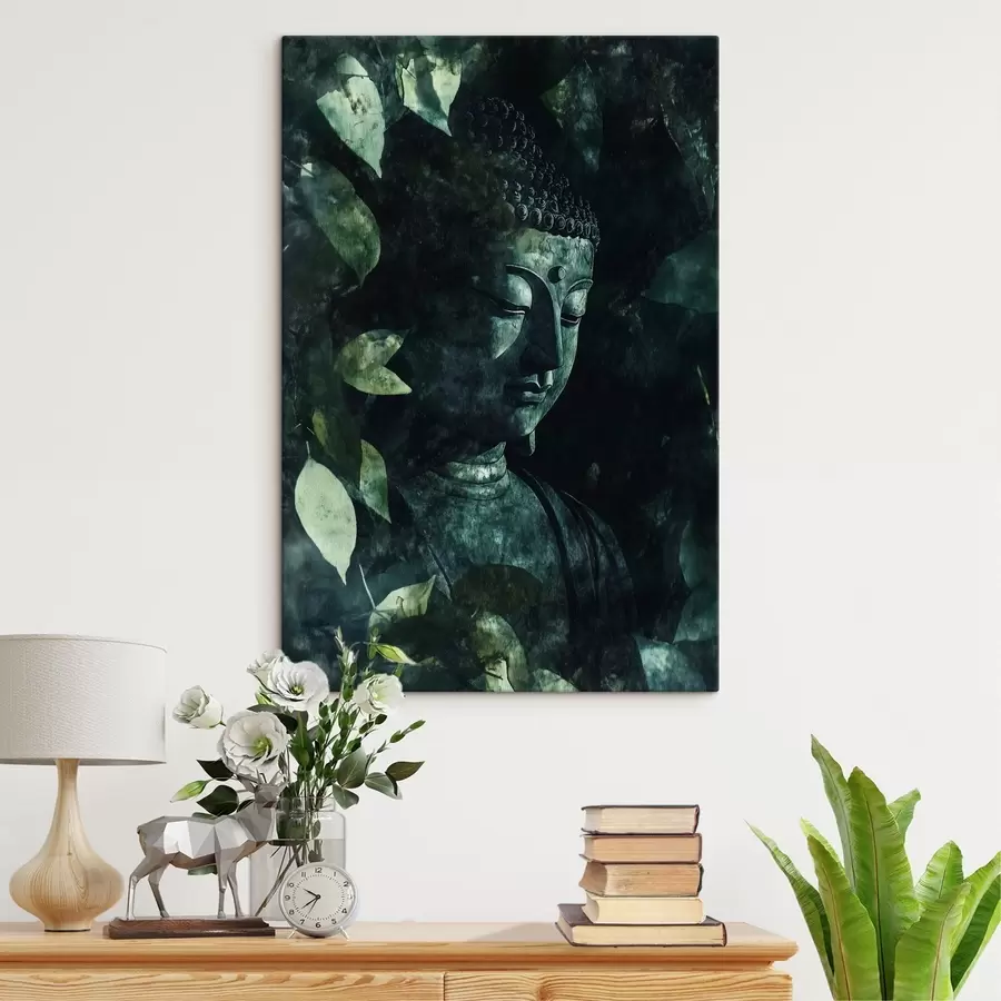 wall murals Meditative Buddha in the green leaves, spiritual s44029