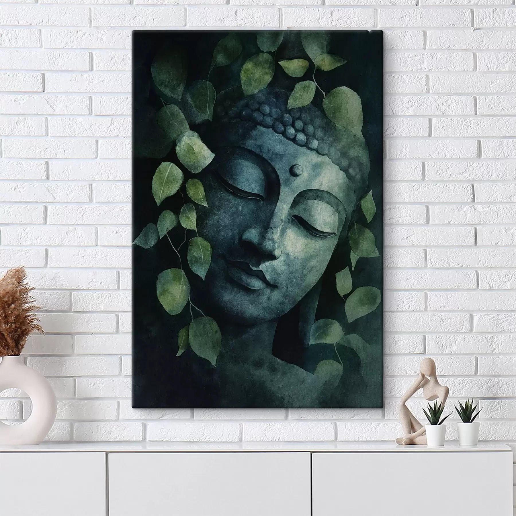 wall murals Buddha with closed eyes, meditation, green colors s44030