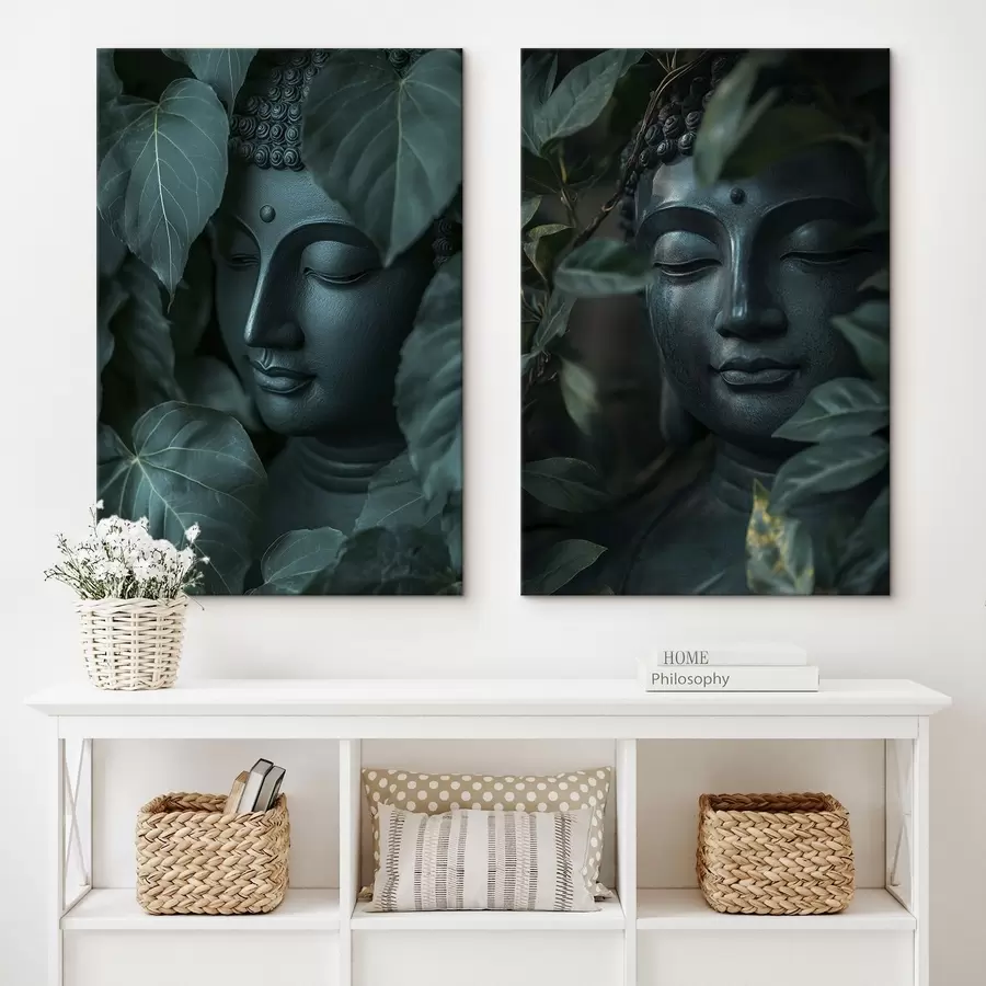 wall murals Meditative Buddha in the green leaves, Buddhism, tropical, realism m00447