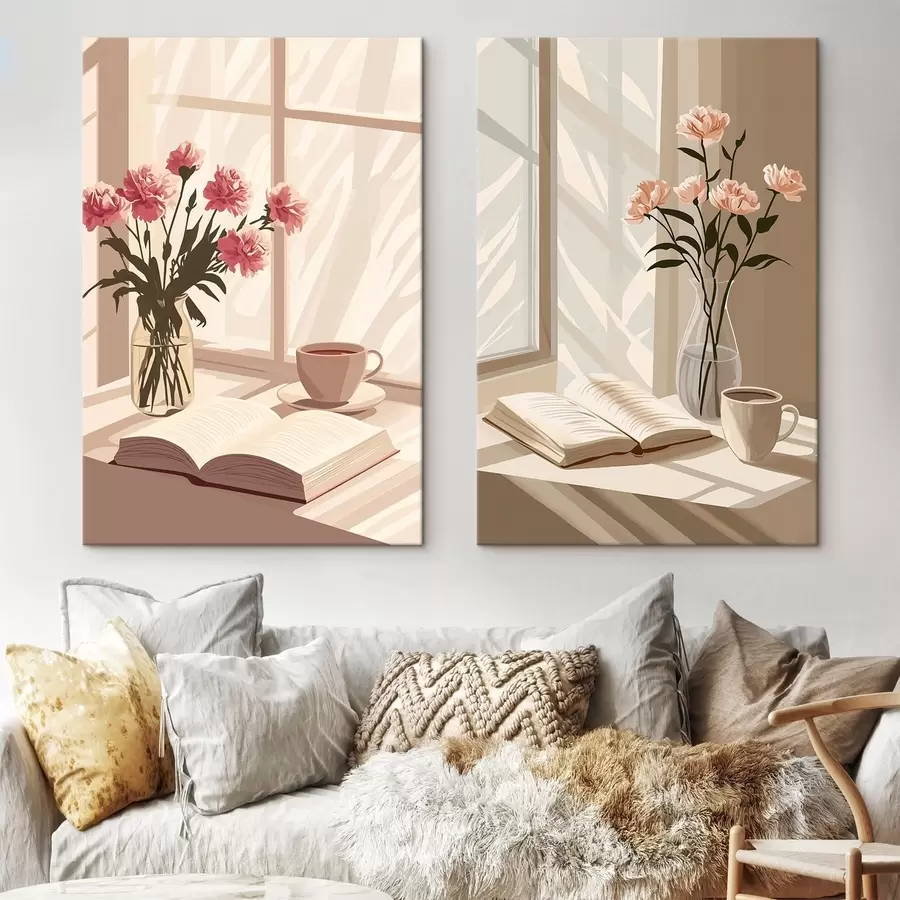 wall murals Abstraction, morning aesthetics, cup of coffee, book, flowers m00448