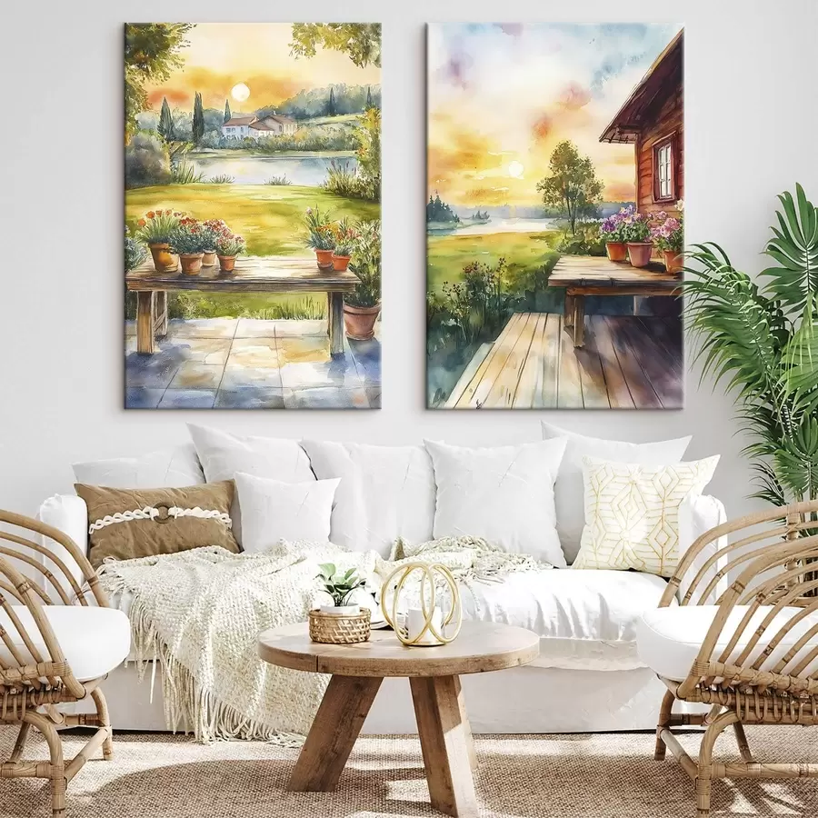 murales Pueblo de verano, puesta de sol, rústico, flores, lago, estilo acuarela m00449