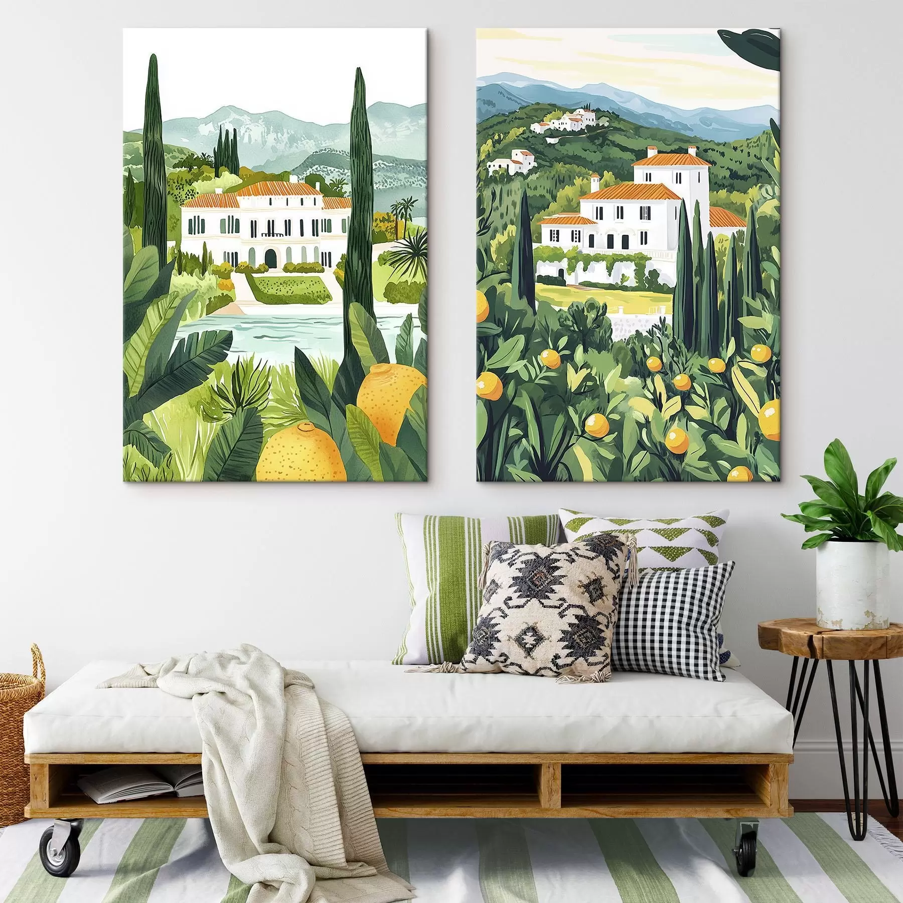 murales Paisajes mediterráneos con árboles y casas, costa del mar, España m00450