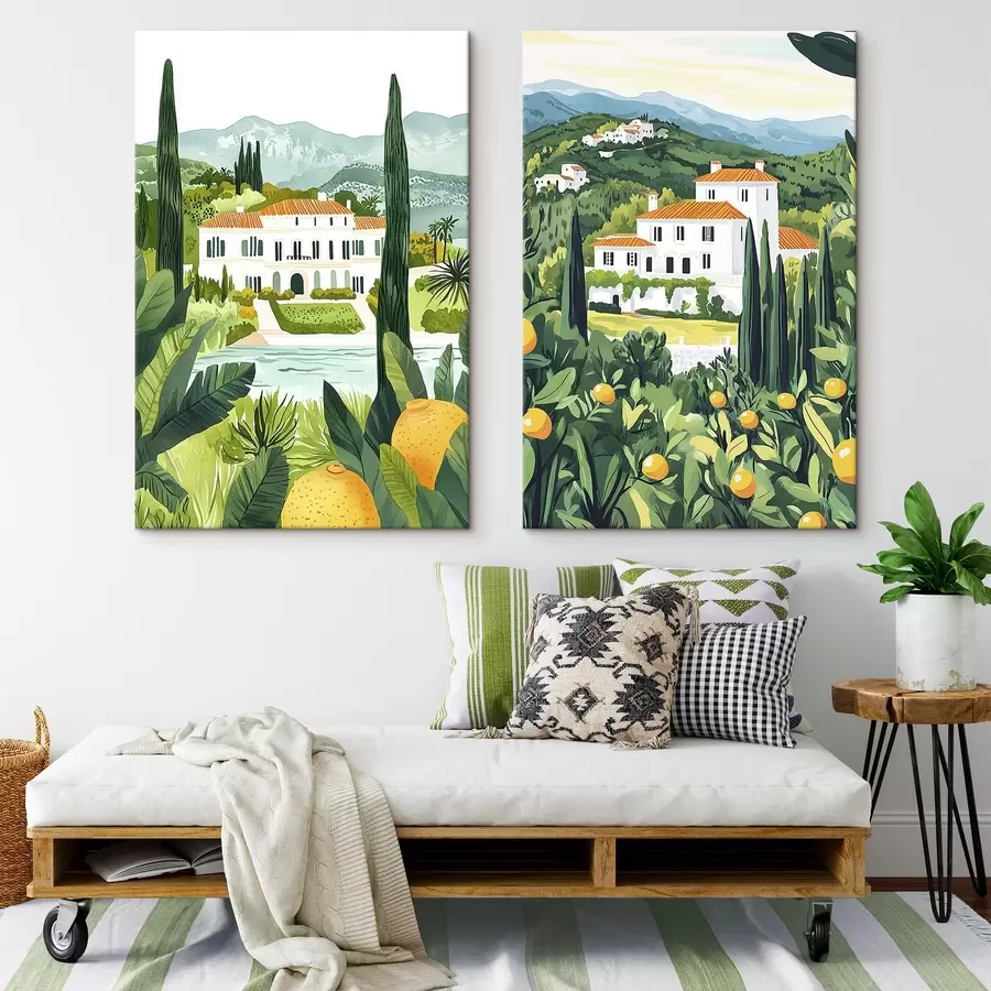 murales Paisajes mediterráneos con árboles y casas, costa del mar, España m00450