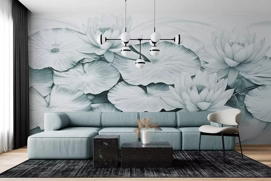 Wall Mural Photo Wallpaper Water lilies and lily pads in a pond, turquoise and white imitation of pencil drawing, detailed botanical illustration, nature art w09006v1