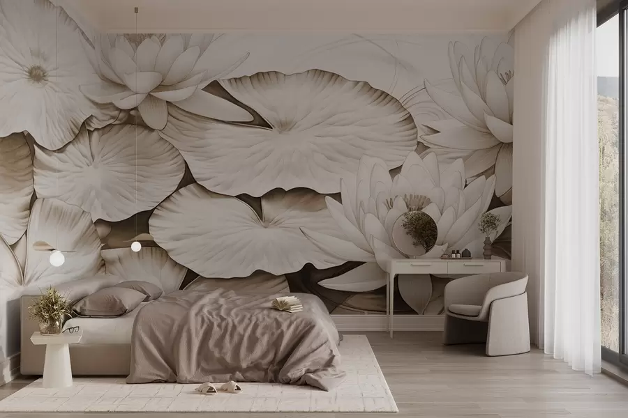 Wall Mural Photo Wallpaper Water lilies and lily pads in a pond, brown and white imitation of pencil drawing, detailed botanical illustration, nature art w09006v2