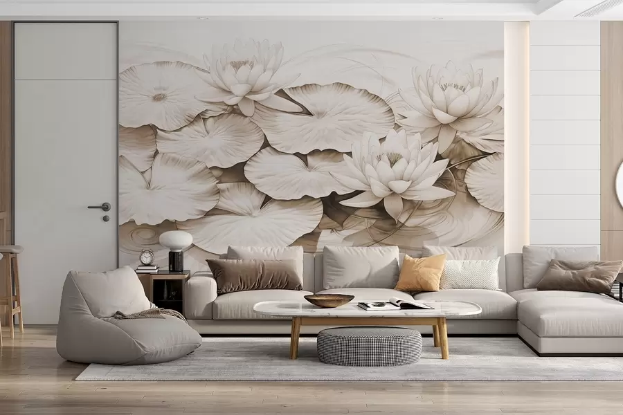 peintures murales Nénuphars et nymphéas dans un étang, imitation brune et blanche d'un dessin au crayon, illustration botanique détaillée, art de la nature w09006v2