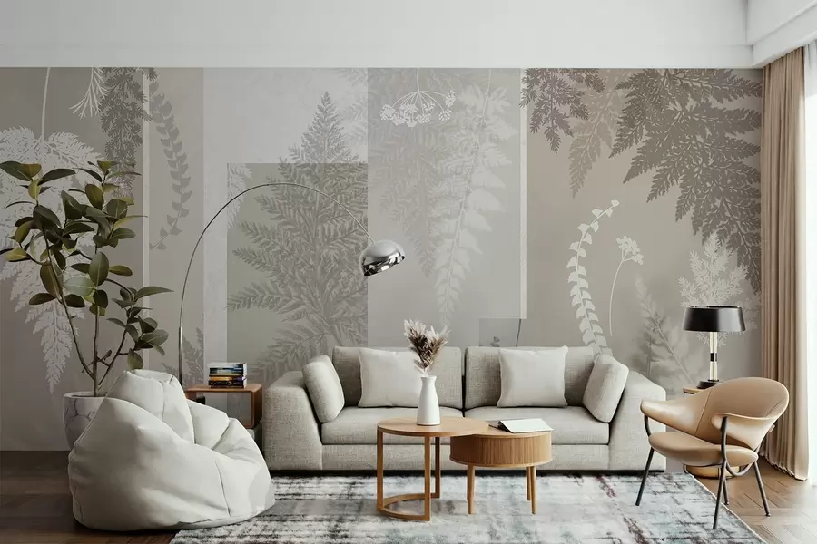 murales Hojas de helecho en beige y blanco, dispuestas en rayas verticales, creando un estampado botánico y minimalista, de colores suaves y apagados w09007