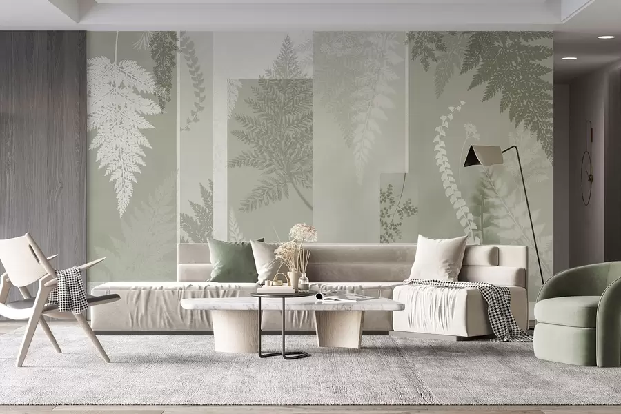 Wall Mural Photo Wallpaper Fern leaves in green and white, arranged in vertical stripes, creating a botanical and minimalist print, soft and muted colors w09007v2