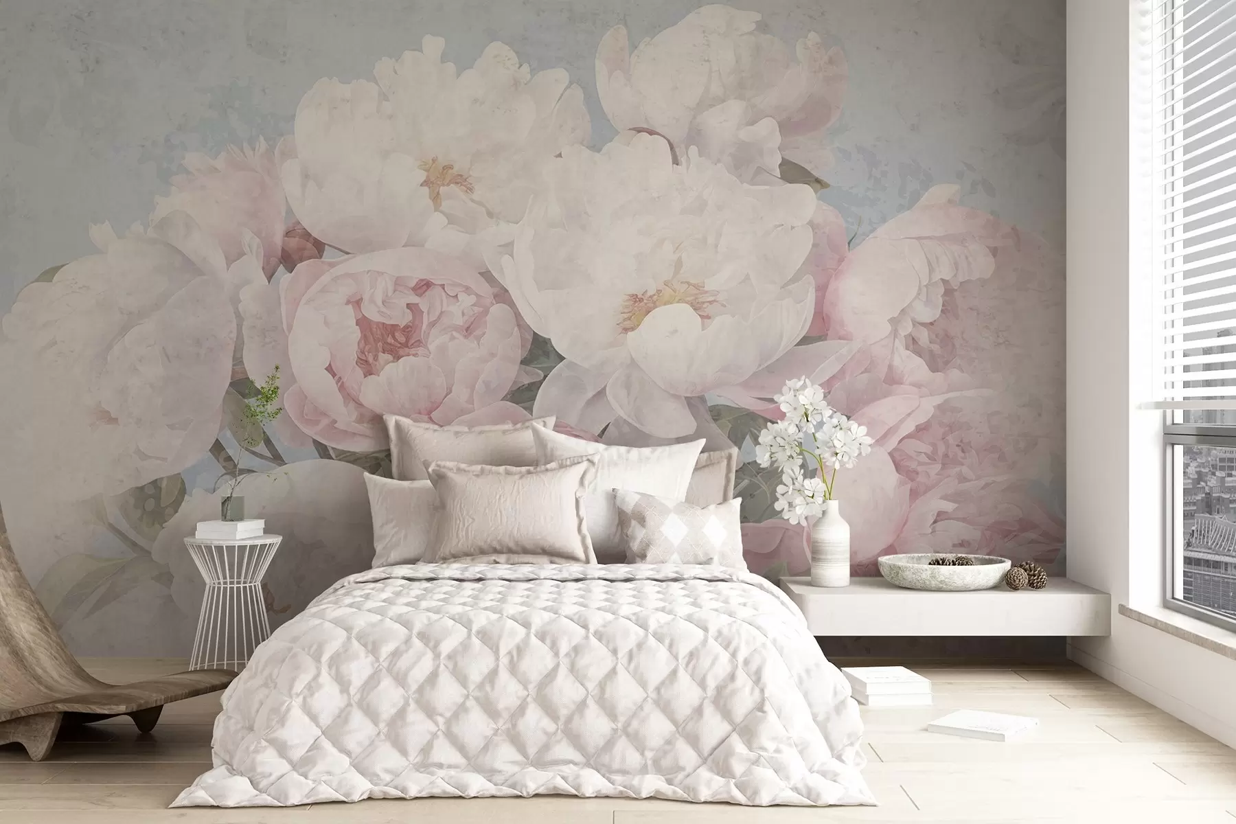 murales Textura abstracta de peonías rosas y blancas con hojas verdes, fondo azul claro, colores suaves y delicados, estilo vintage w09008