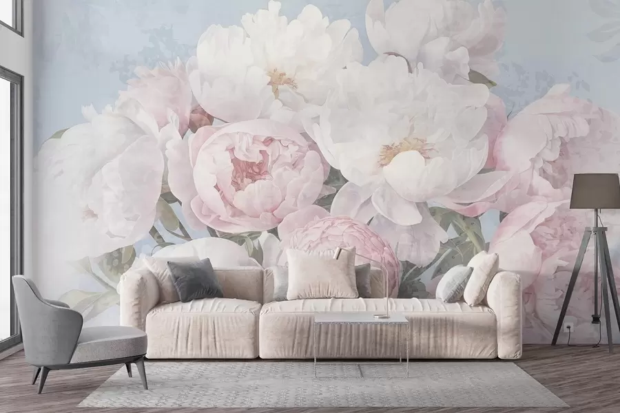 murales Textura abstracta de peonías rosas y blancas con hojas verdes, fondo azul claro, colores suaves y delicados, estilo vintage w09008
