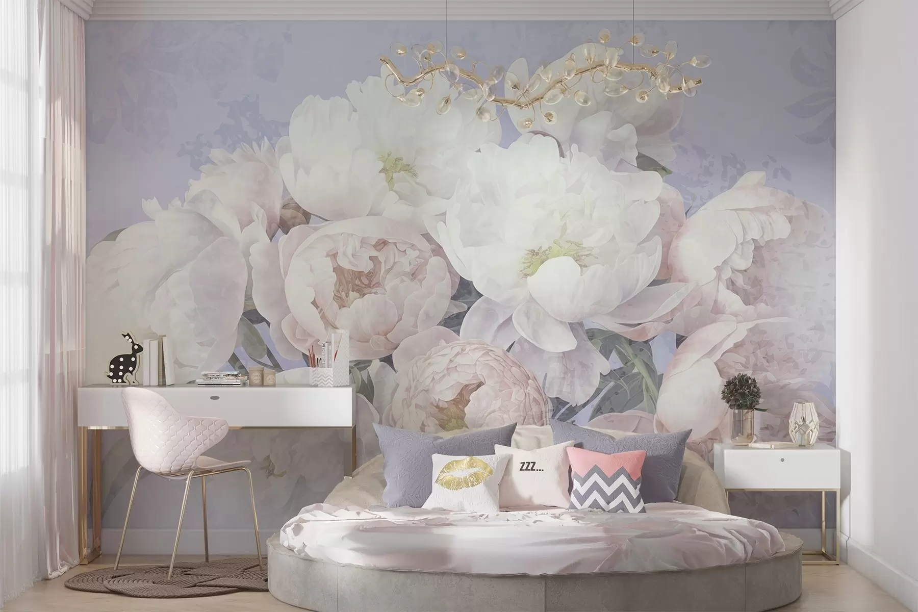 peintures murales Pivoines abstraites texturées de couleur pêche et blanche avec des feuilles vertes, fond clair, couleurs douces et délicates, style vintage w09008v1