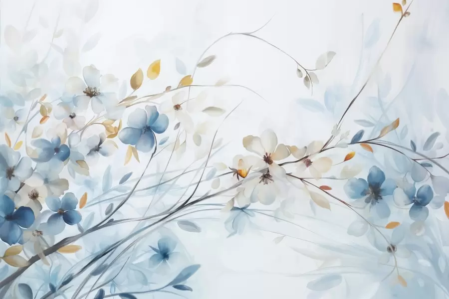 murales Arreglo floral con hojas azules y naranjas y flores blancas, pétalos delicados, ramas finas, colores suaves, efecto acuarela w09009