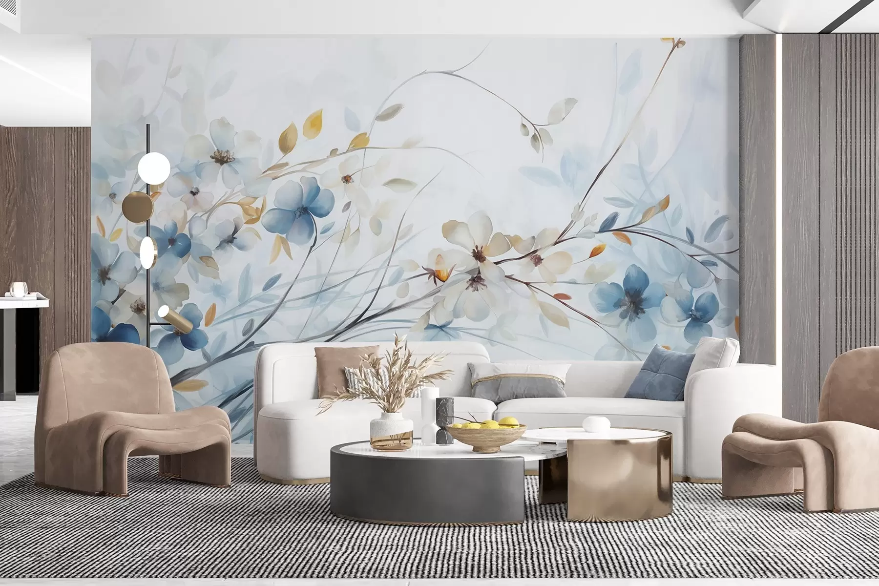 murales Arreglo floral con hojas azules y naranjas y flores blancas, pétalos delicados, ramas finas, colores suaves, efecto acuarela w09009