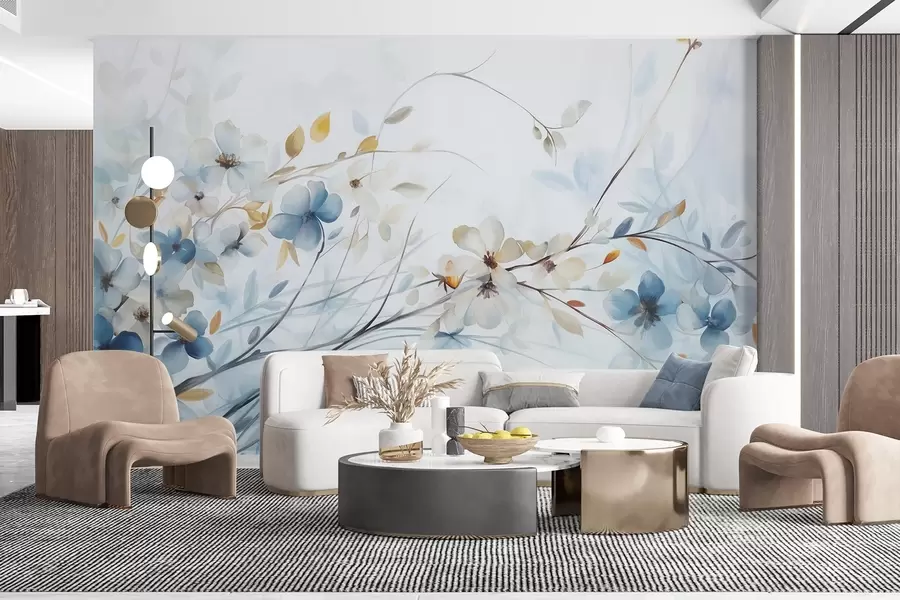 Wall Mural Photo Wallpaper Floral arrangement with blue, orange leaves and white flowers, delicate petals, thin branches, soft colors, watercolor effect w09009
