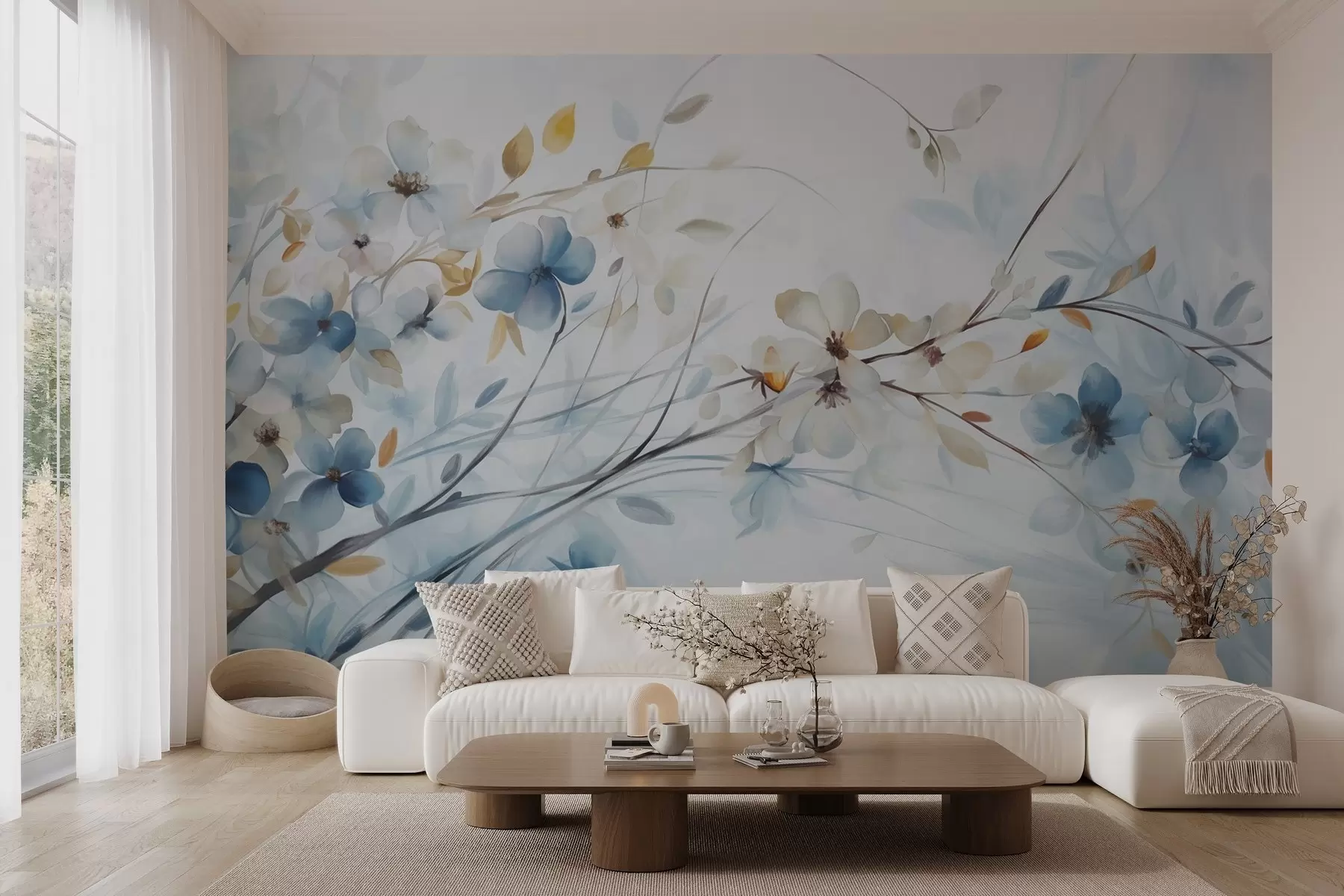 peintures murales Arrangement floral avec des feuilles bleues et orange et des fleurs blanches, pétales délicats, branches fines, couleurs douces, effet aquarelle w09009