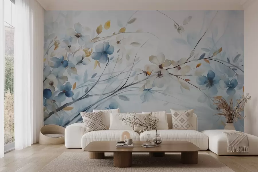 Wall Mural Photo Wallpaper Floral arrangement with blue, orange leaves and white flowers, delicate petals, thin branches, soft colors, watercolor effect w09009