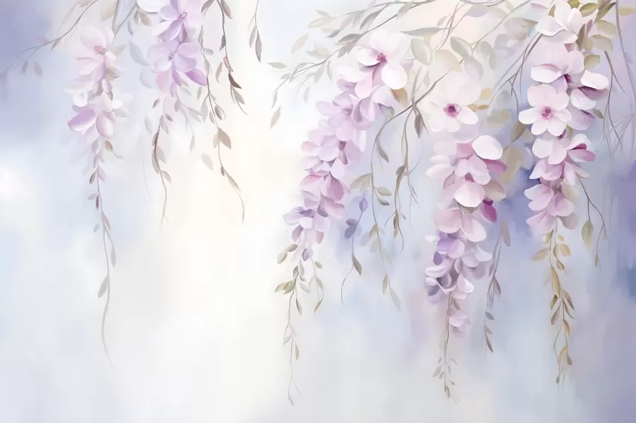 wall murals Wisteria flowers with lilac petals and green leaves hanging from branches, soft pastel colors, pastel colored background w09010