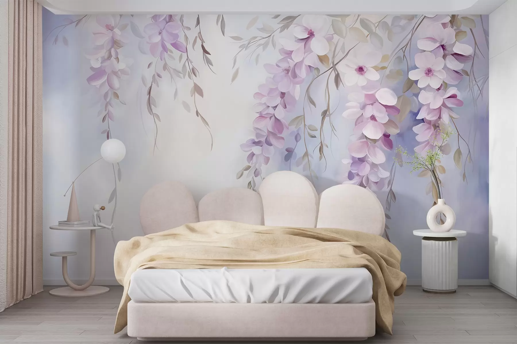 Wall Mural Photo Wallpaper Wisteria flowers with lilac petals and green leaves hanging from branches, soft pastel colors, pastel colored background w09010