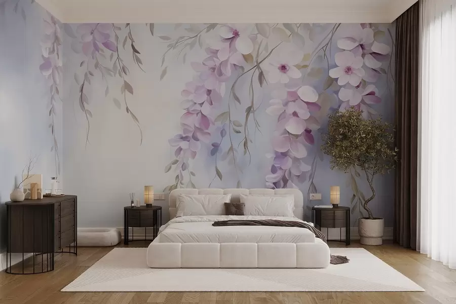 murales Flores de glicinia con pétalos lilas y hojas verdes colgando de las ramas, suaves colores pastel, fondo color pastel w09010