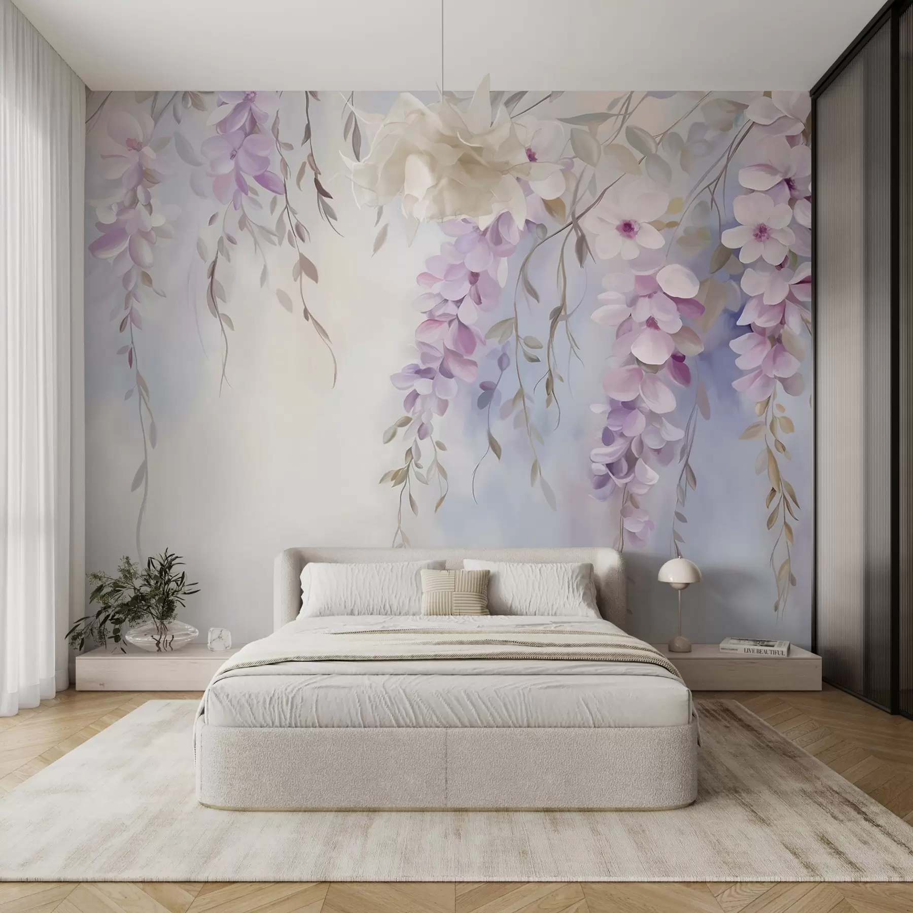 Wall Mural Photo Wallpaper Wisteria flowers with lilac petals and green leaves hanging from branches, soft pastel colors, pastel colored background w09010