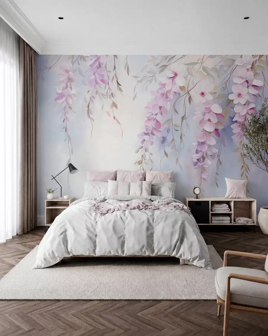 wall murals Wisteria flowers with lilac petals and green leaves hanging from branches, soft pastel colors, pastel colored background w09010