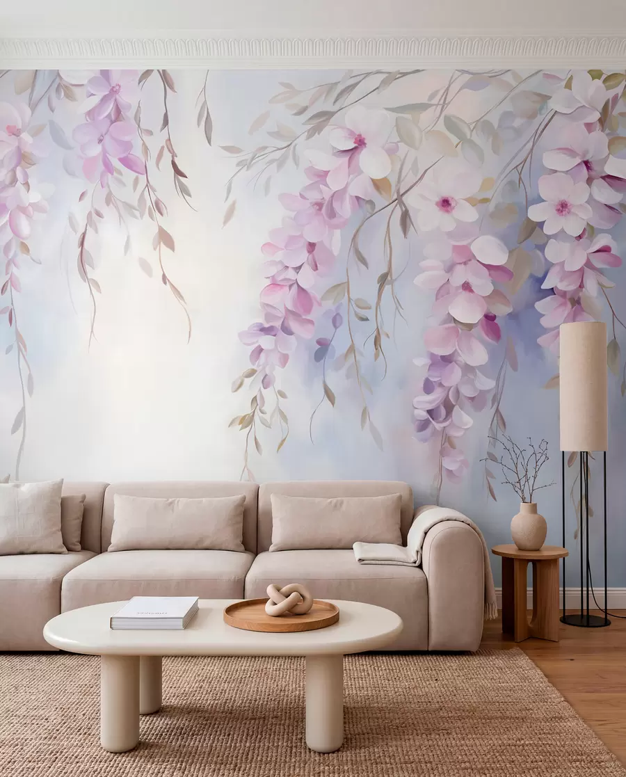 Wall Mural Photo Wallpaper Wisteria flowers with lilac petals and green leaves hanging from branches, soft pastel colors, pastel colored background w09010