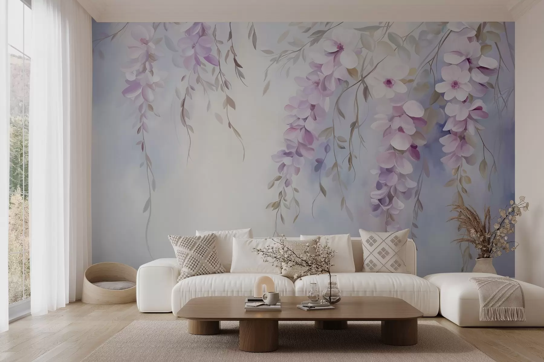 Wall Mural Photo Wallpaper Wisteria flowers with lilac petals and green leaves hanging from branches, soft pastel colors, pastel colored background w09010