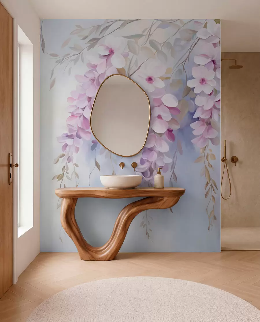wall murals Wisteria flowers with lilac petals and green leaves hanging from branches, soft pastel colors, pastel colored background w09010