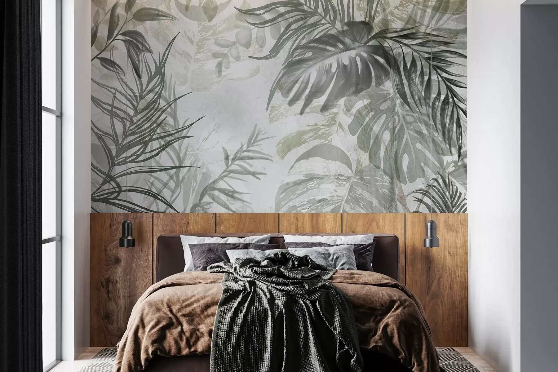 peintures murales Monstera et feuilles de palmier dans les tons de vert et de gris, botanique, feuillage tropical, plantes de la jungle, fond texturé w09011