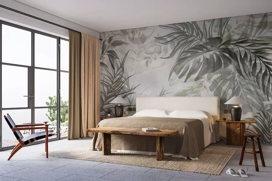 murales Monstera y hojas de palma en tonos de verde y gris, botánico, follaje tropical, plantas de la selva, fondo texturizado w09011