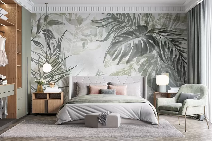 murales Monstera y hojas de palma en tonos de verde y gris, botánico, follaje tropical, plantas de la selva, fondo texturizado w09011