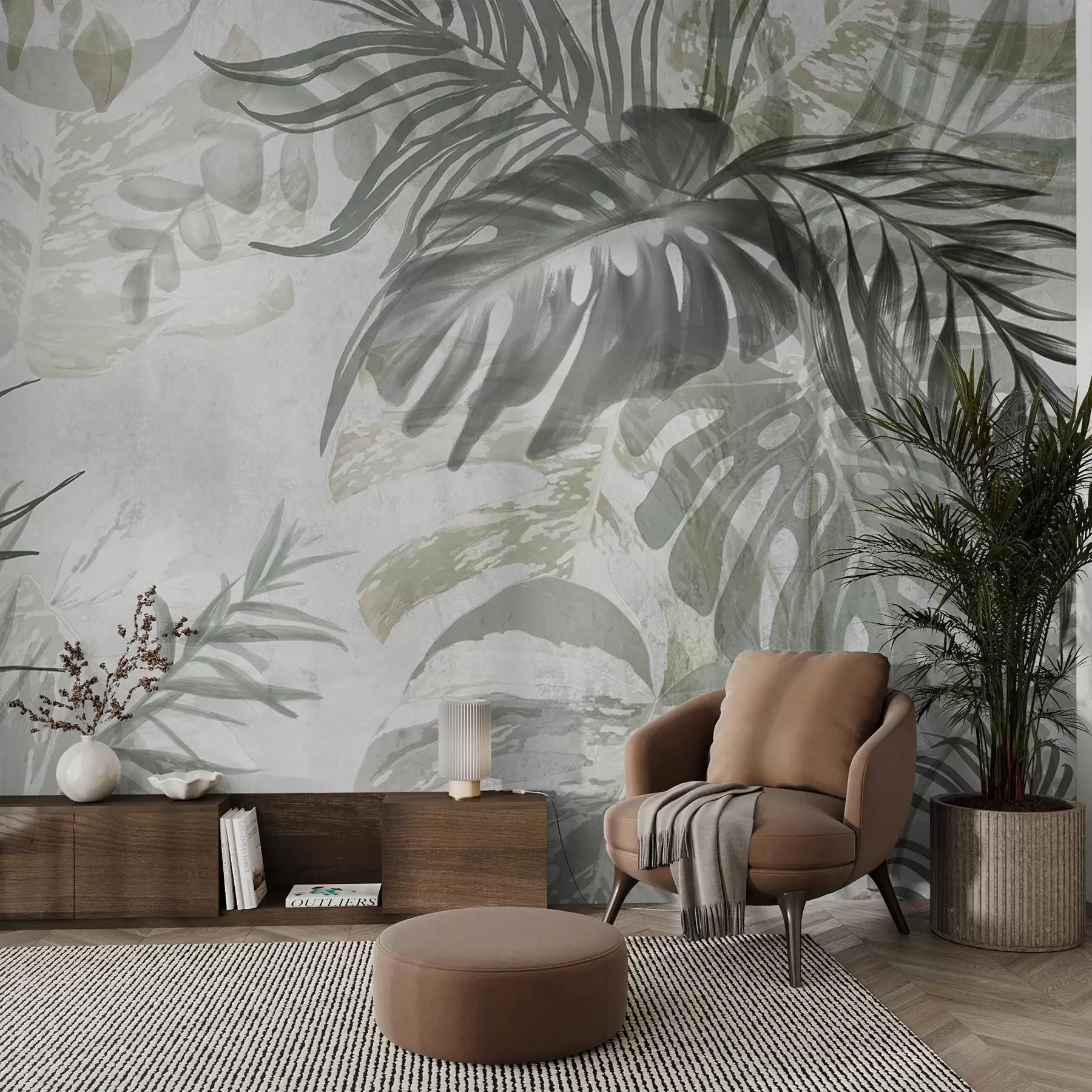 Wall Mural Photo Wallpaper Monstera and palm leaves in shades of green and gray, botanical, tropical foliage, jungle plants, textured background w09011