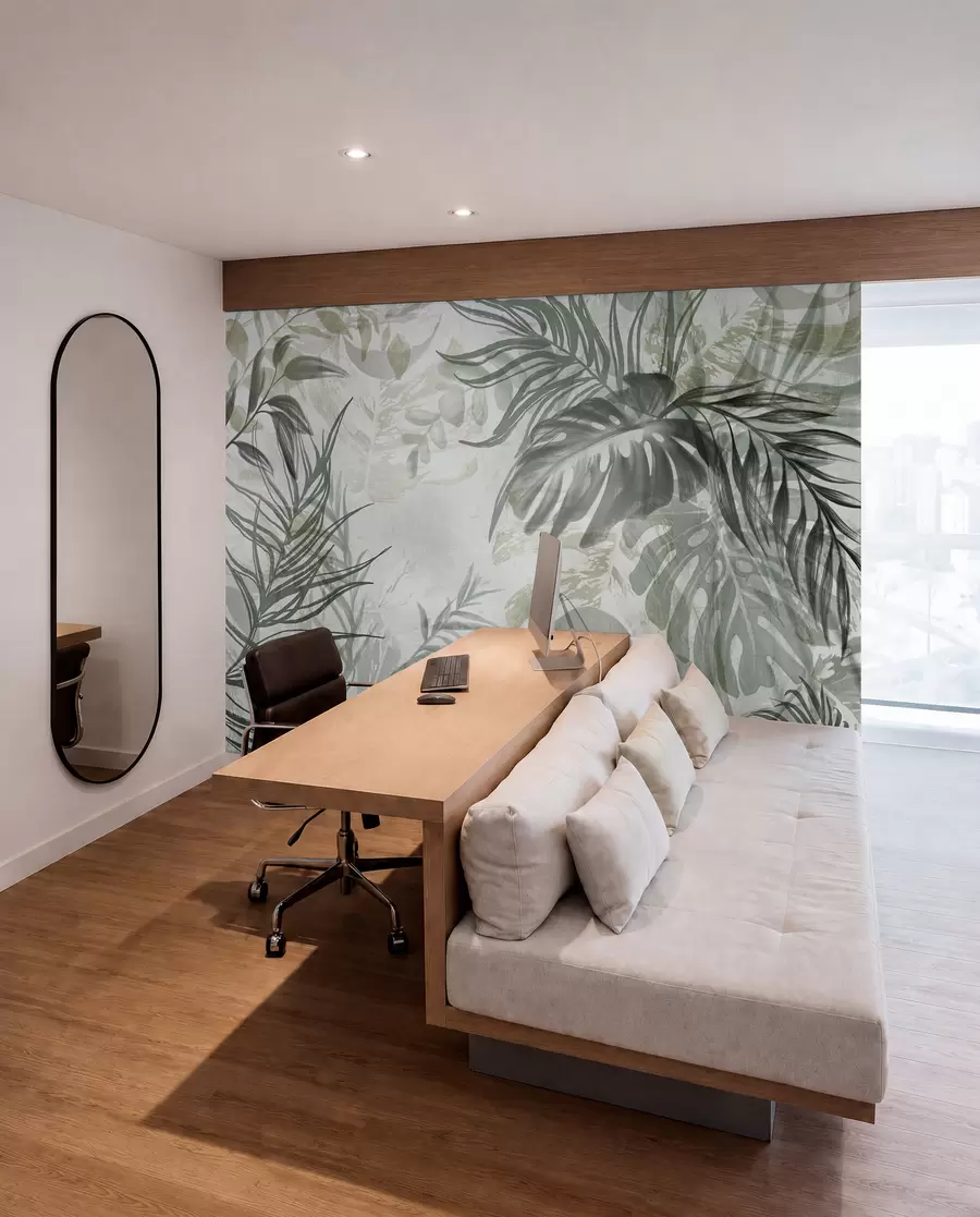 Wall Mural Photo Wallpaper Monstera and palm leaves in shades of green and gray, botanical, tropical foliage, jungle plants, textured background w09011