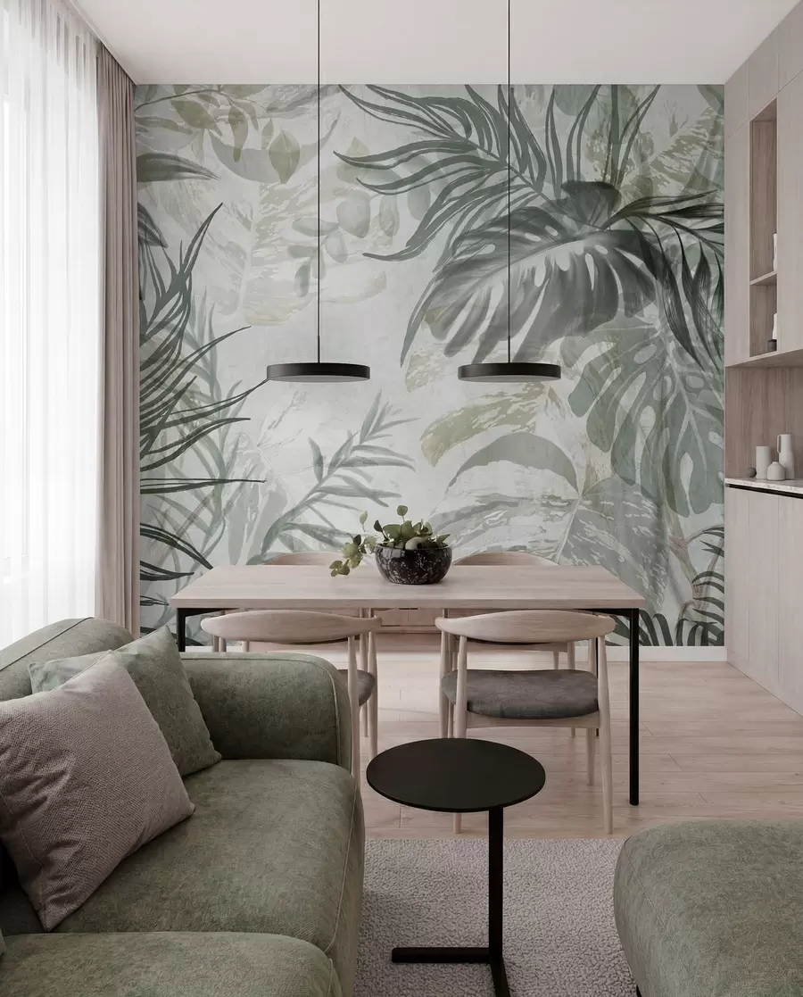 wall murals Monstera and palm leaves in shades of green and gray, botanical, tropical foliage, jungle plants, textured background w09011