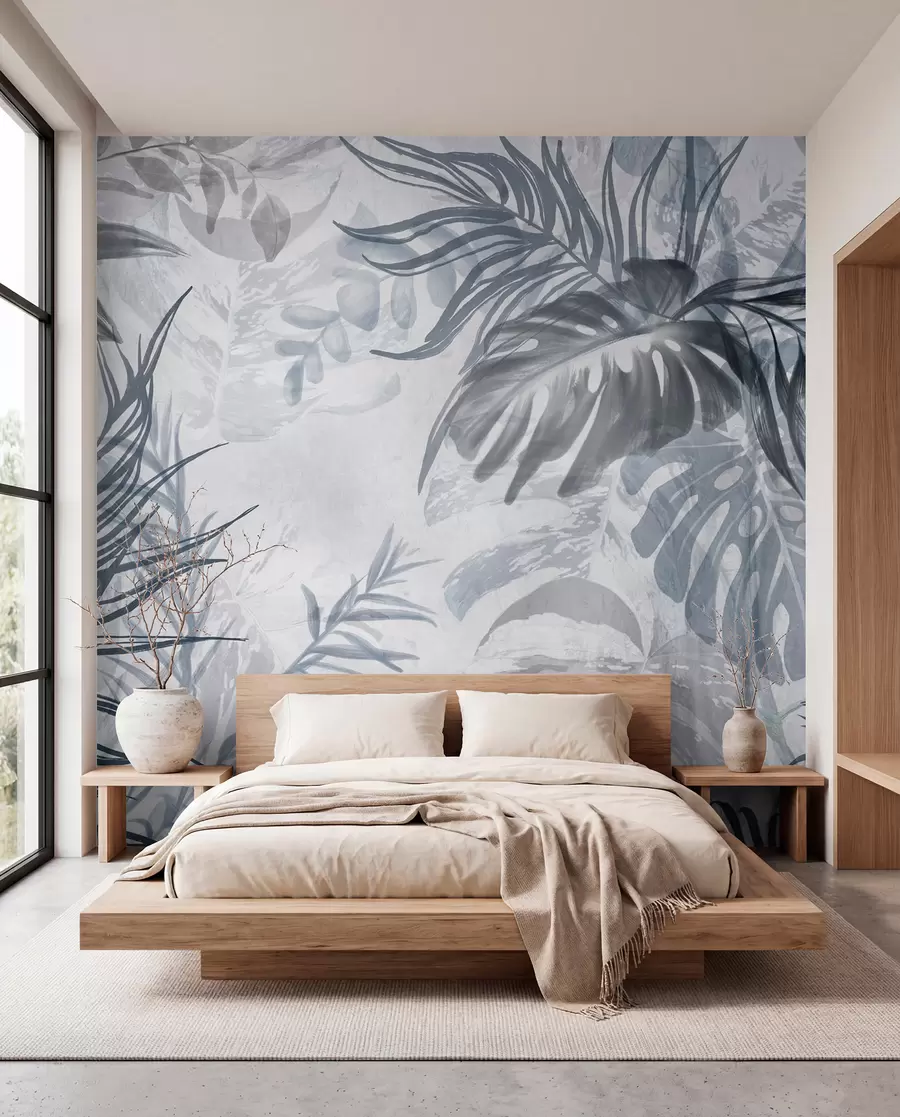 wall murals Monstera and palm leaves in shades of blue and gray, botanical, tropical foliage, jungle plants, textured background w09011v1