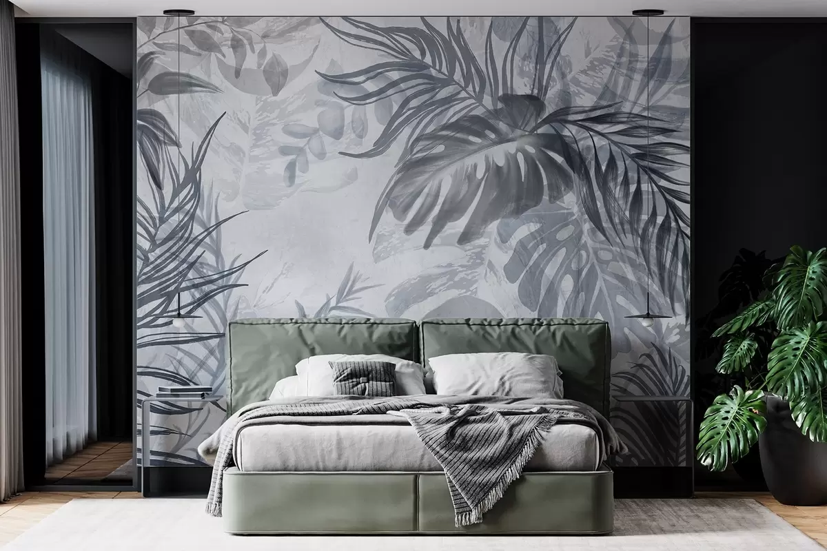 murales Monstera y hojas de palma en tonos de azul y gris, botánico, follaje tropical, plantas de la selva, fondo texturizado w09011v1