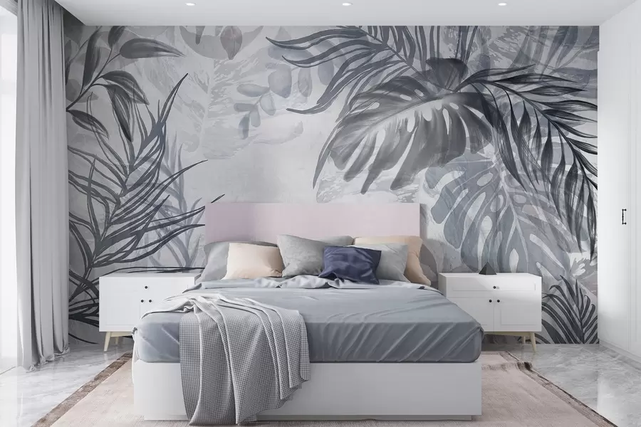 Wall Mural Photo Wallpaper Monstera and palm leaves in shades of blue and gray, botanical, tropical foliage, jungle plants, textured background w09011v1